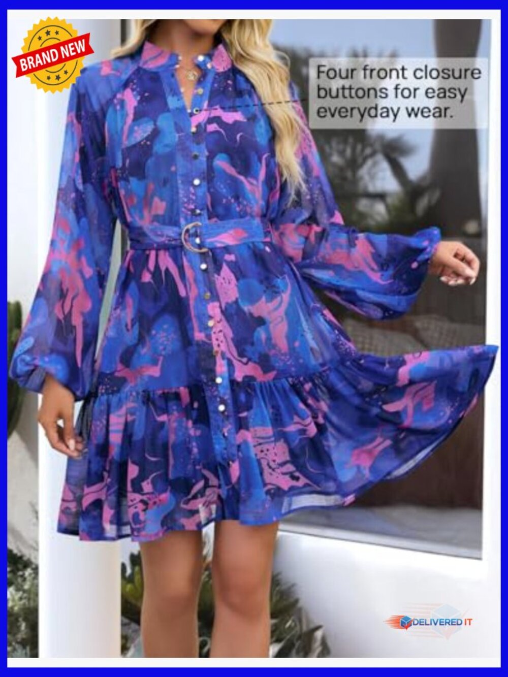 Floral Chiffon Mini Dress Long Sleeve Button A-Line Swing Party Dress - Picture 4 of 7